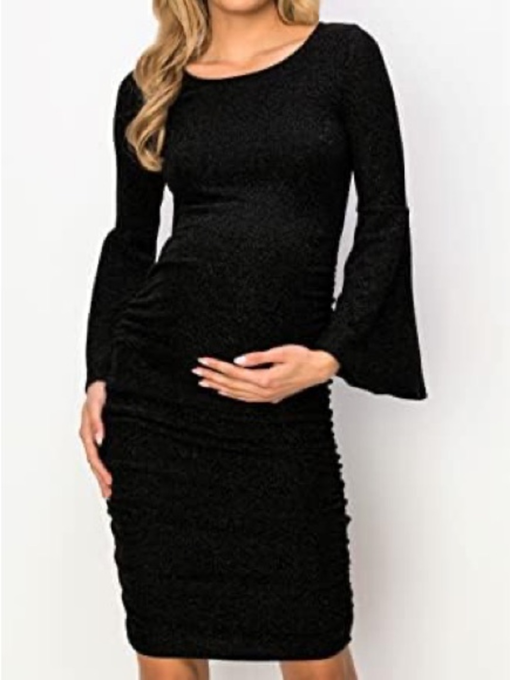 Maternity Black Bell-Sleeve Ruched Bodycon Dress